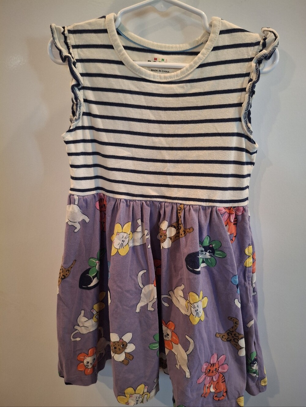 Mini Boden Navy-Striped Top with Purple Cat & Flower Skirt Dress